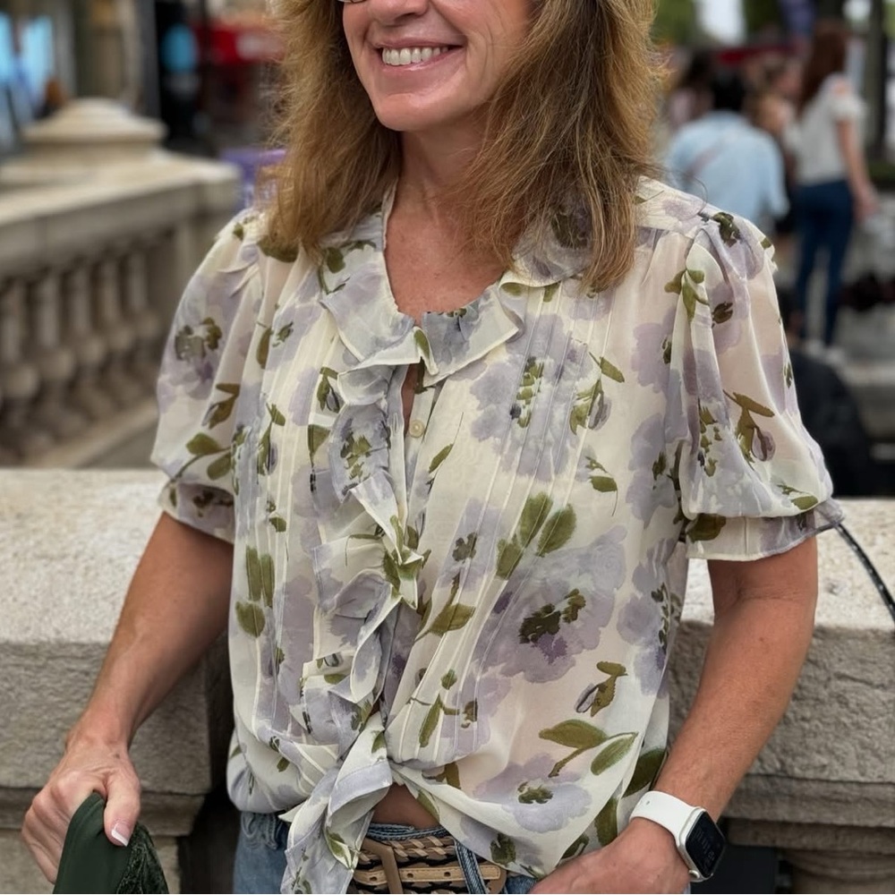 CAbi Floral Ruffle Blouse - Cream and Green